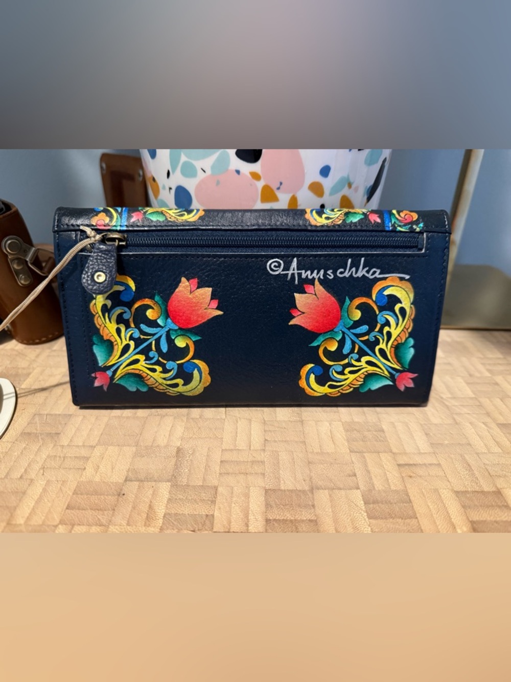 Anuschka Anna Black Floral Hand-Painted Leather Wallet with Multicolor Motif NWT - Picture 2 of 10